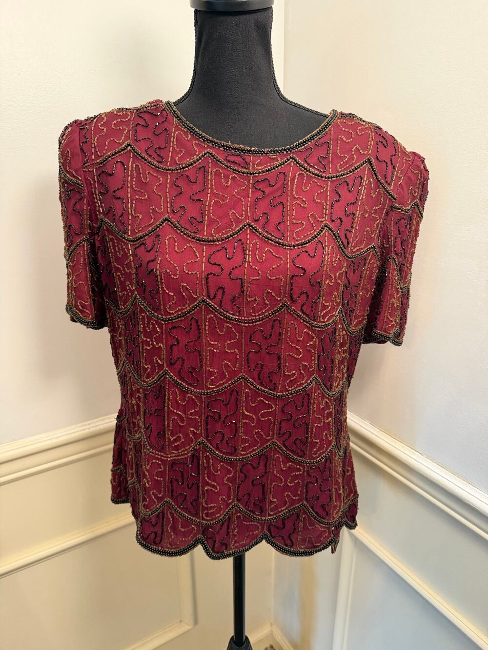VTG Stenay Beaded Silk Top Scalloped Hem Burgundy Maroon Black Gold Art Deco